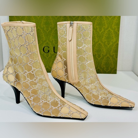 New! Gucci Demi Crystal Mesh Ankle Boots Beige Mid Heel Size EU-38.5 RETAIL$2950 - Picture 5 of 15